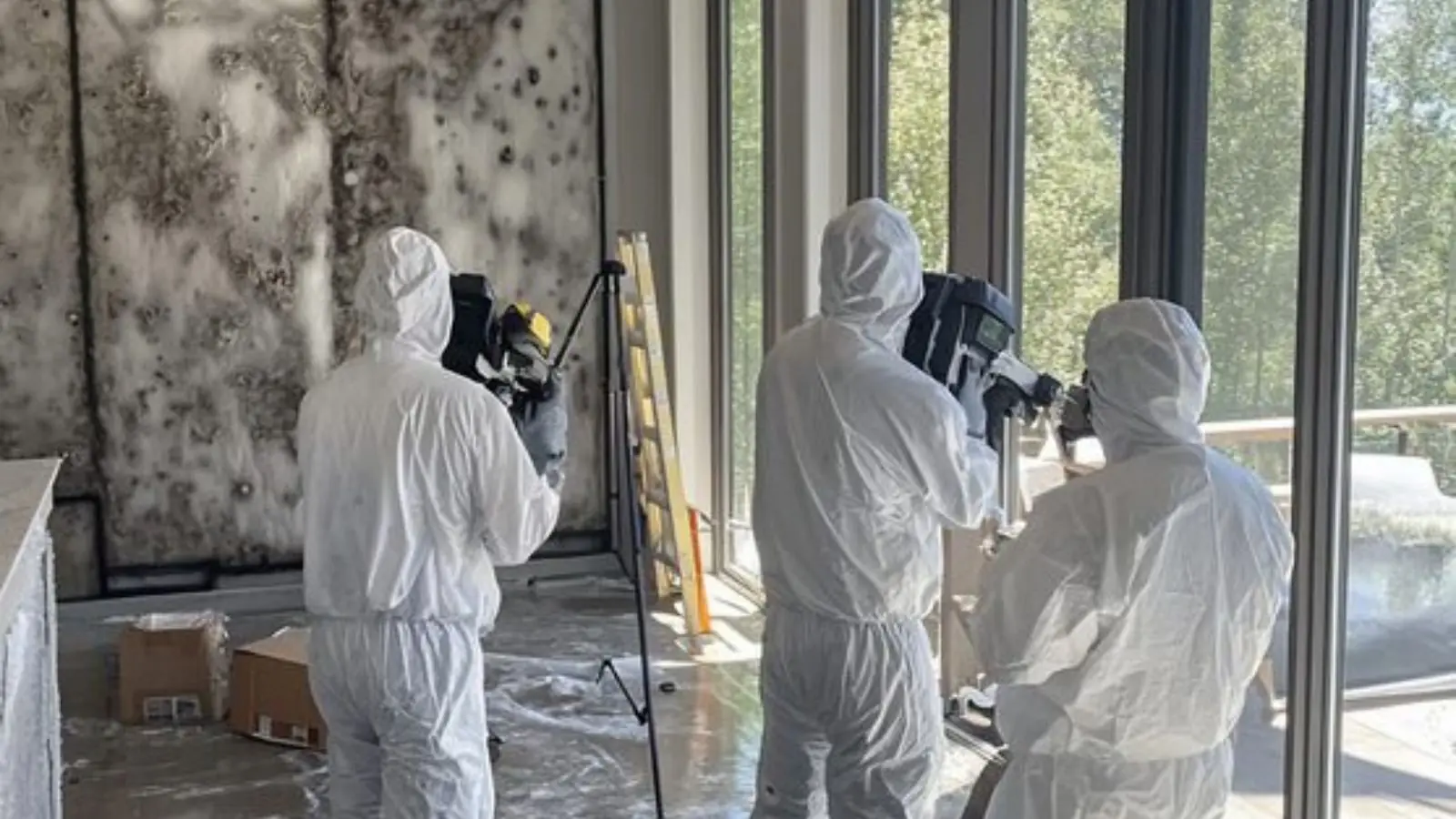 Three workers in protective suits setting up equipment in a large room with mold-stained walls