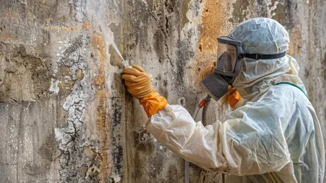Worker in a respirator and protective suit scraping mold from a stained wall