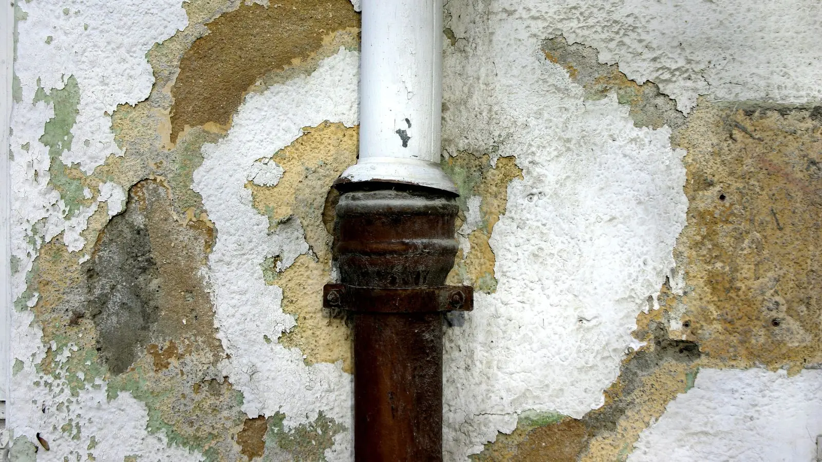 Flaking plaster and discoloration around a rusted pipe on a damaged wall
