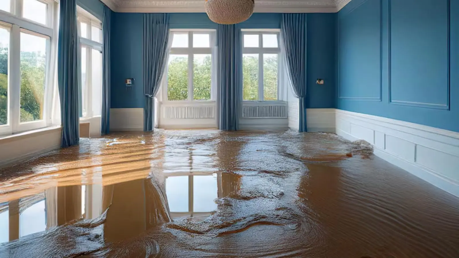 Hardwood floor in an empty blue room covered with a shallow layer of water