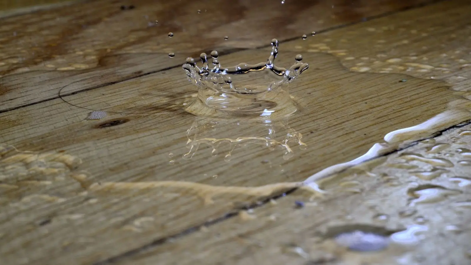 Water pooling on wood floor planks with a droplet splash and swollen board seams