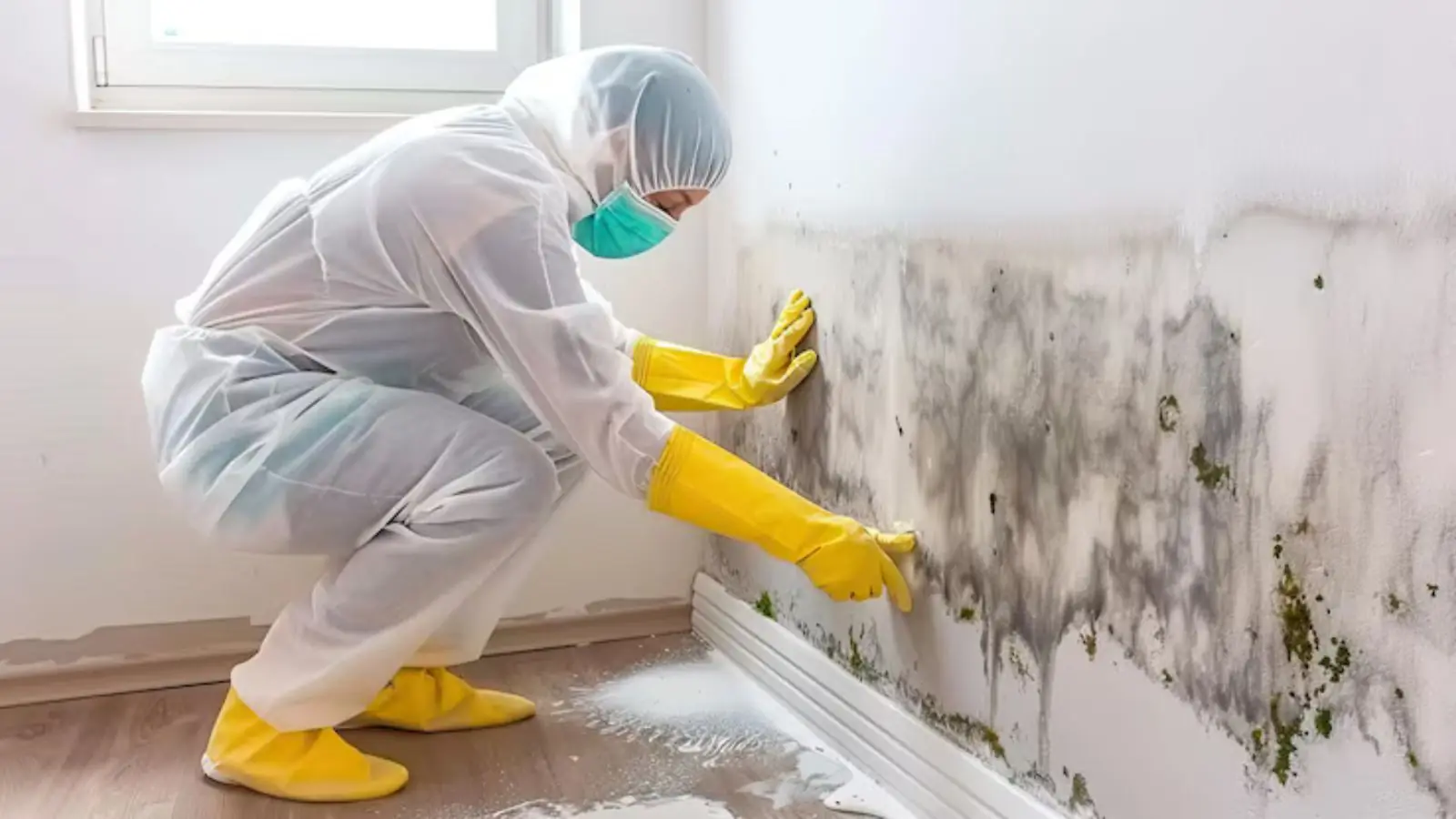 Technician in a protective suit, mask and yellow gloves cleaning dark mold growth along a baseboard